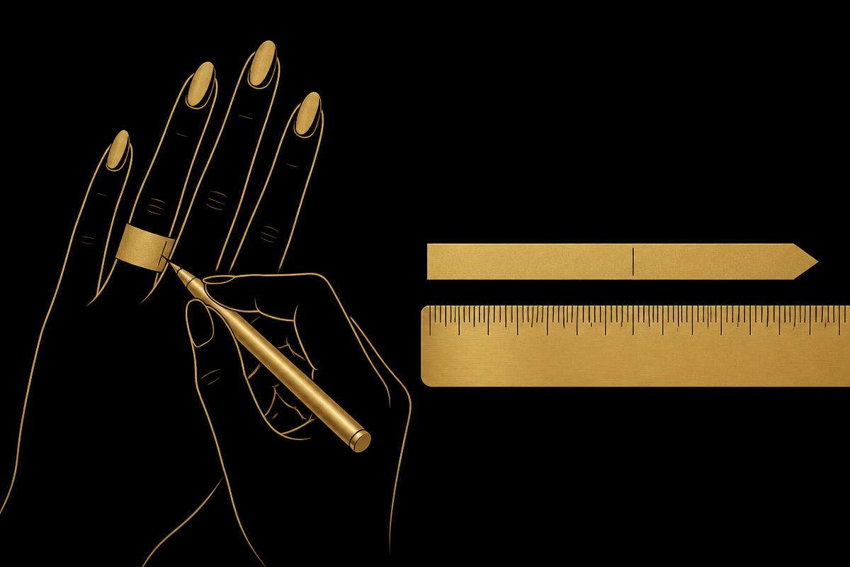 طريقة قياس محيط الإصبع بشريط ورقي ومسطرة لتحديد مقاس خاتم الألماس
